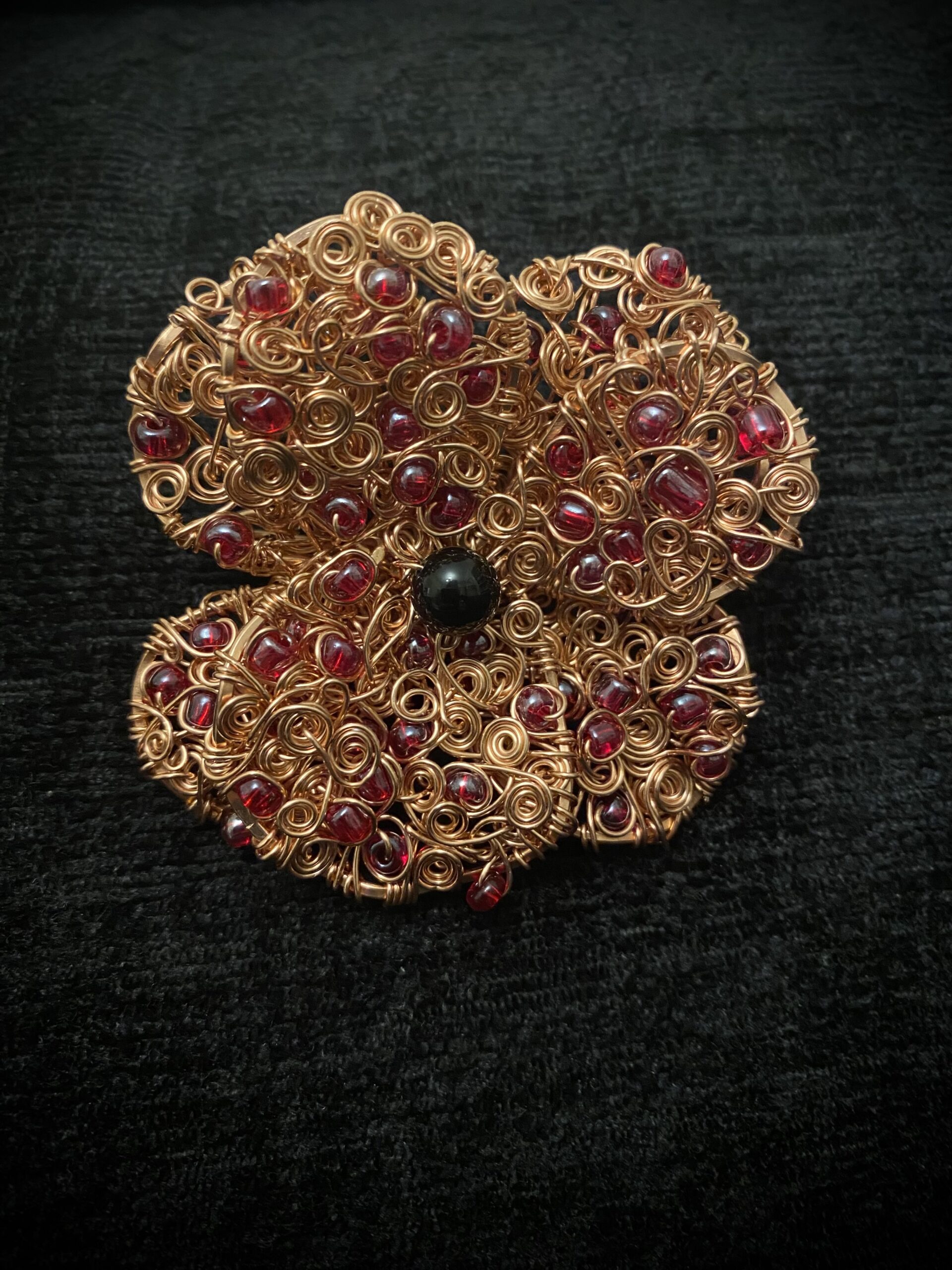 Handmade Copper Wire Poppy Brooch with Onyx Centre