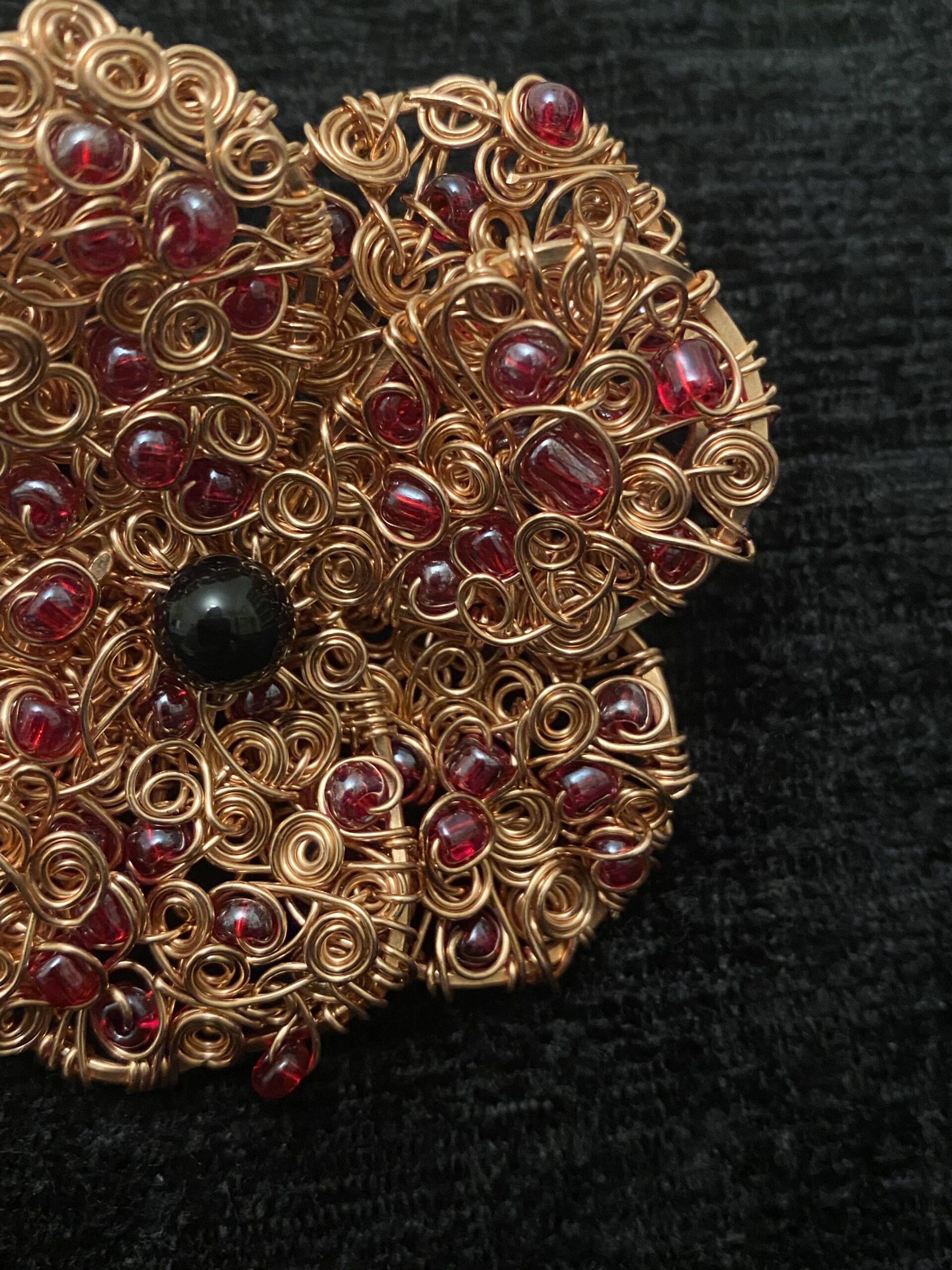 Handmade Copper Wire Poppy Brooch with Onyx Centre - Image 3