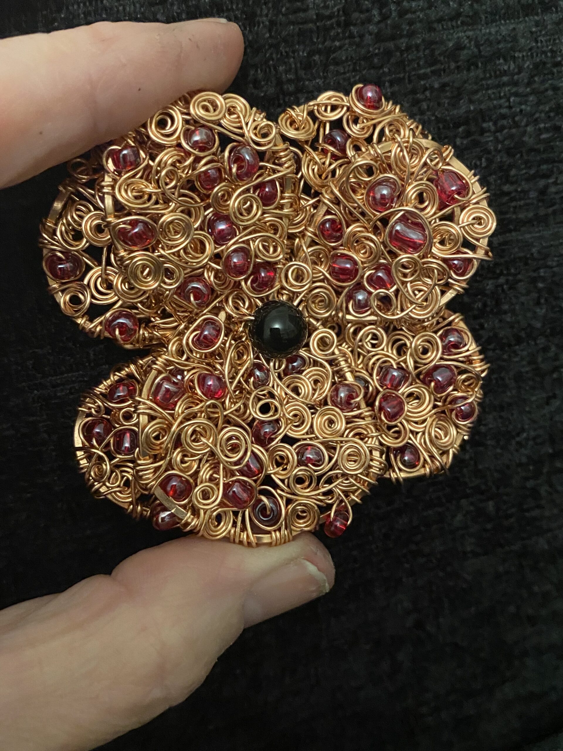 Handmade Copper Wire Poppy Brooch with Onyx Centre - Image 4