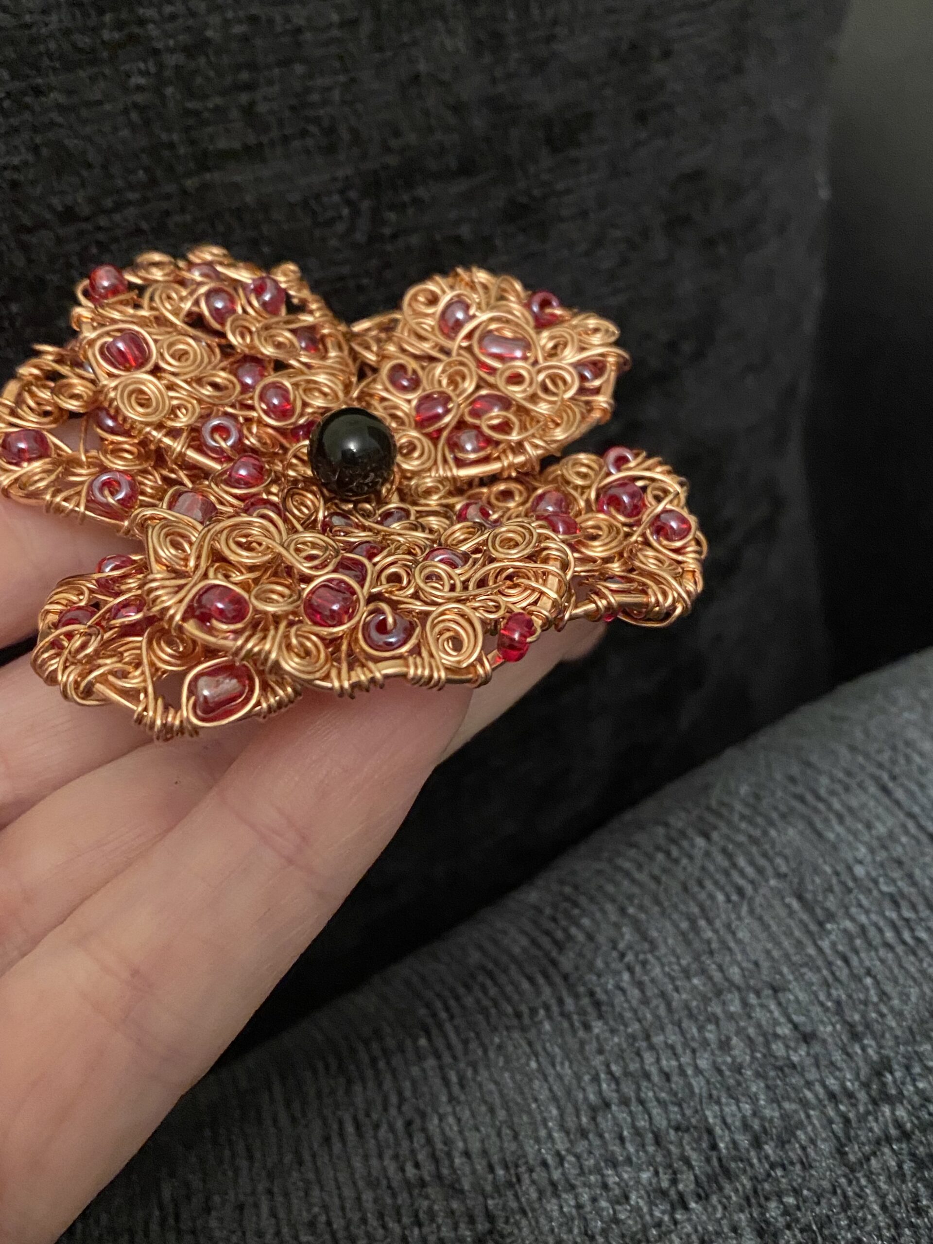 Handmade Copper Wire Poppy Brooch with Onyx Centre - Image 5