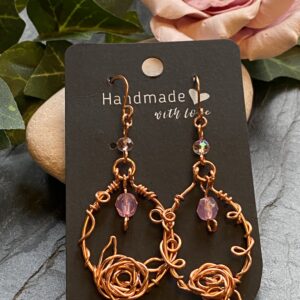 copper loop earrings with wire rose handmade copper loop earrings with pink beads copper wire rose earrings