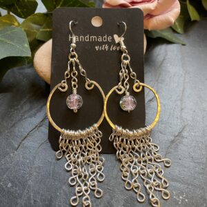 silver plated loop earrings with fringe chains handmade silver plated loop earrings with pink bead silver plated hammered loop earrings