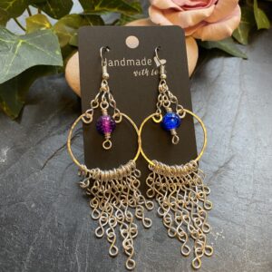 silver plated loop earrings with blue and pink beads handmade silver plated loop earrings with fringe chains silver plated hammered loop earrings with crackle beads