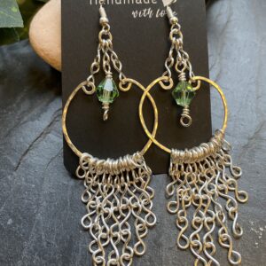 silver plated loop earrings with green glass bead handmade silver plated loop earrings with fringe chains silver plated hammered loop earrings with bicone bead