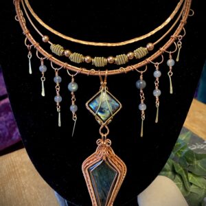Multi layer labradorite choker necklace with detachable pendant Handmade copper and brass wire choker with labradorite stones Boho inspired labradorite necklace with layered wire design