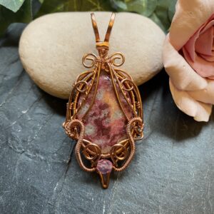 Pink Thulite copper wire wrapped pendant with oval cabochon Handmade copper wire pendant with pink Thulite stone Pink gemstone wire wrapped pendant with bead accent