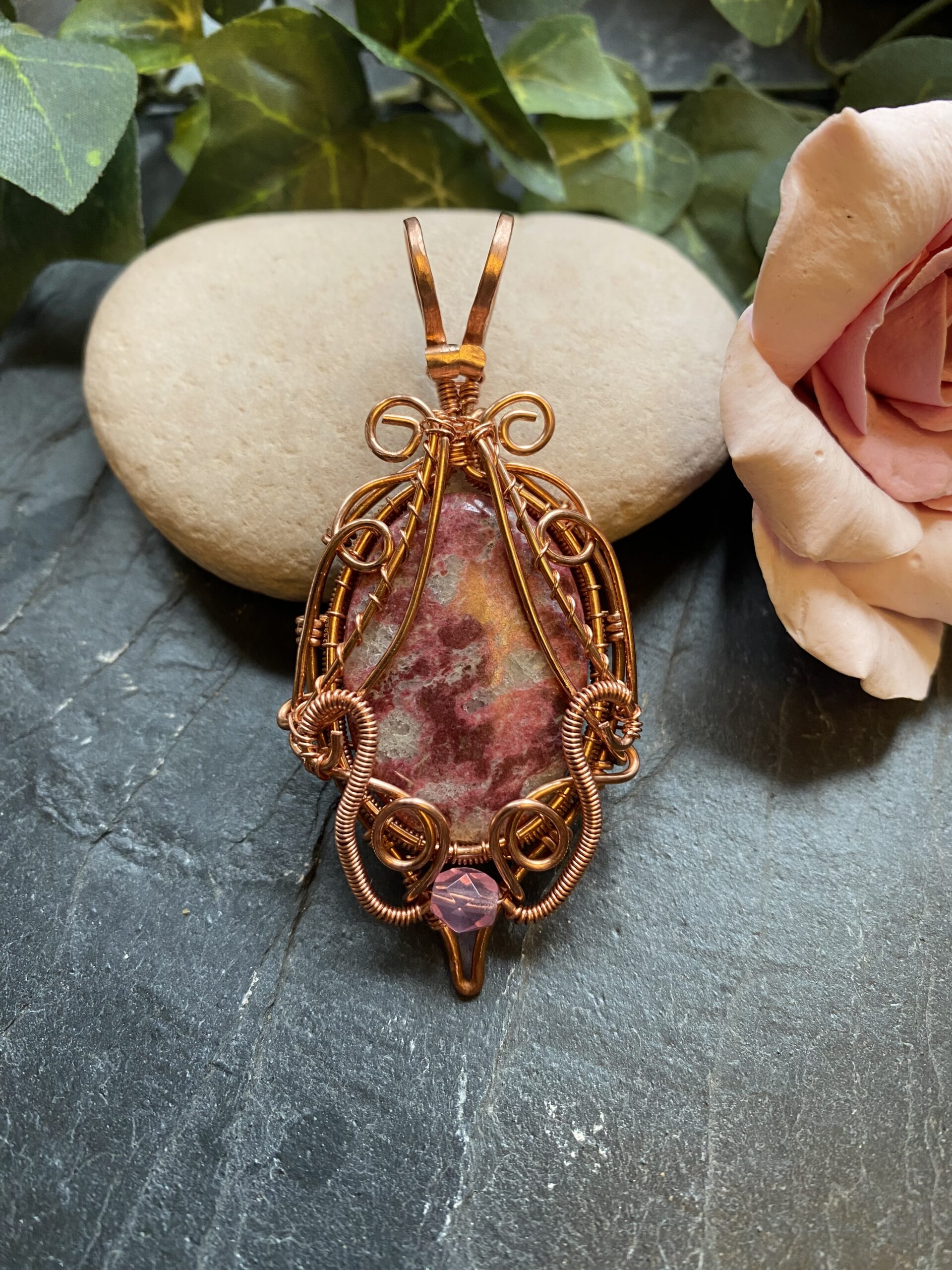 Pink Thulite copper wire wrapped pendant with oval cabochon Handmade copper wire pendant with pink Thulite stone Pink gemstone wire wrapped pendant with bead accent