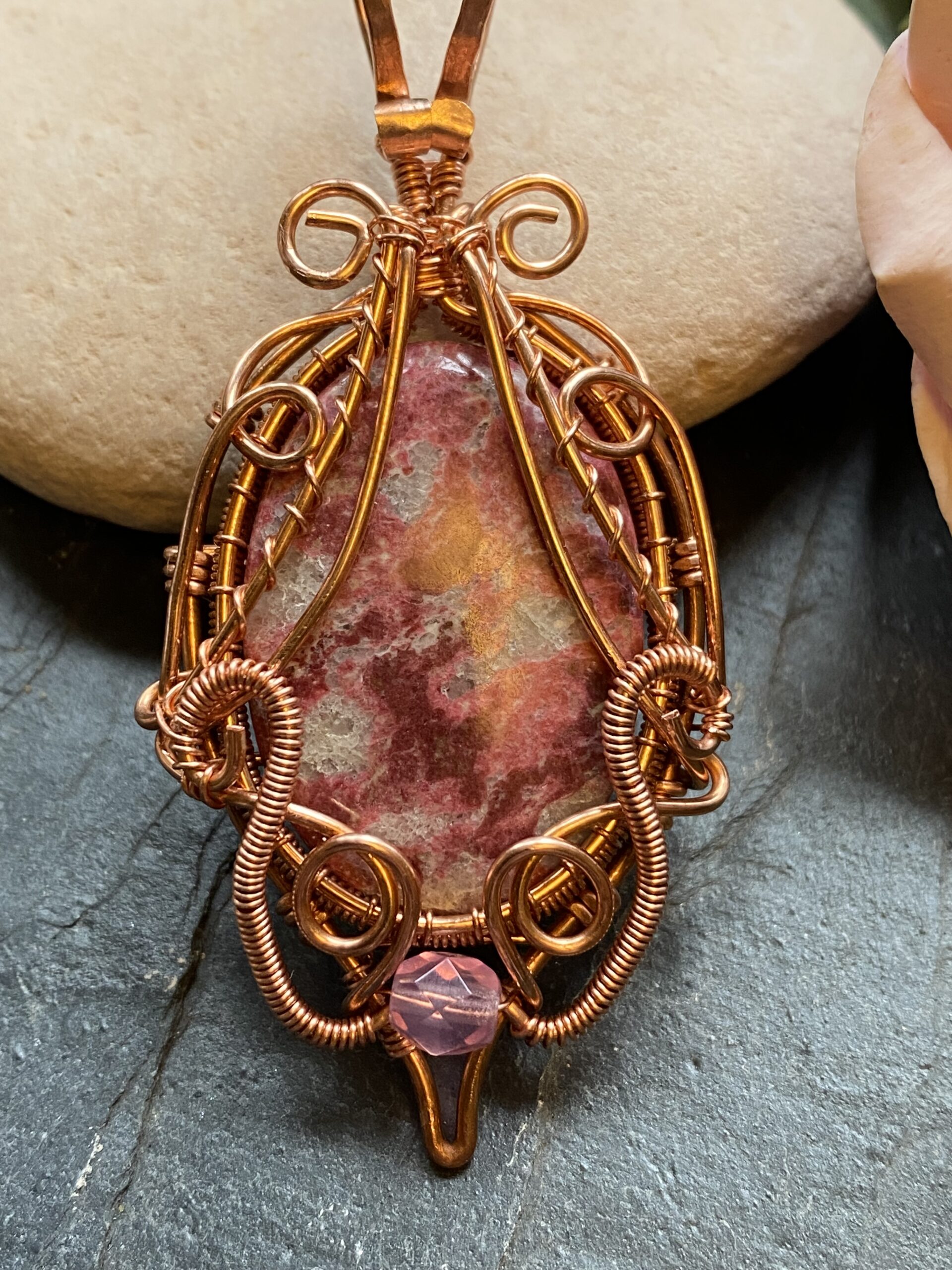 Pink Thulite Copper Wire Wrapped Pendant - Image 6