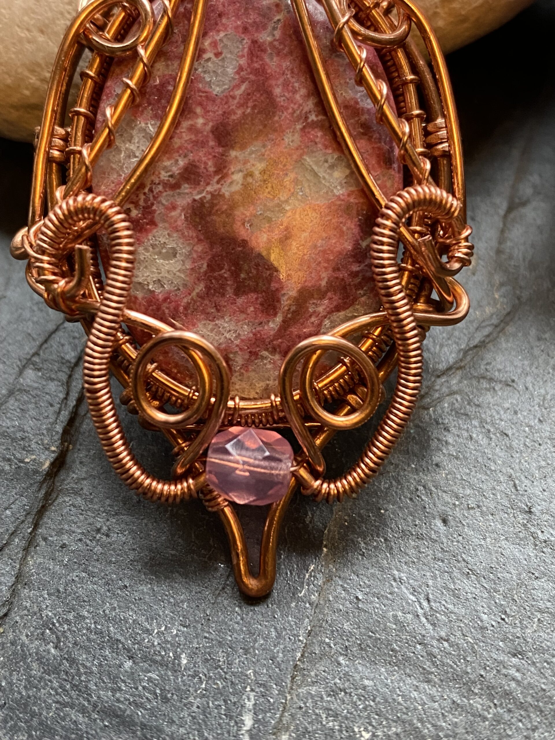 Pink Thulite Copper Wire Wrapped Pendant - Image 5