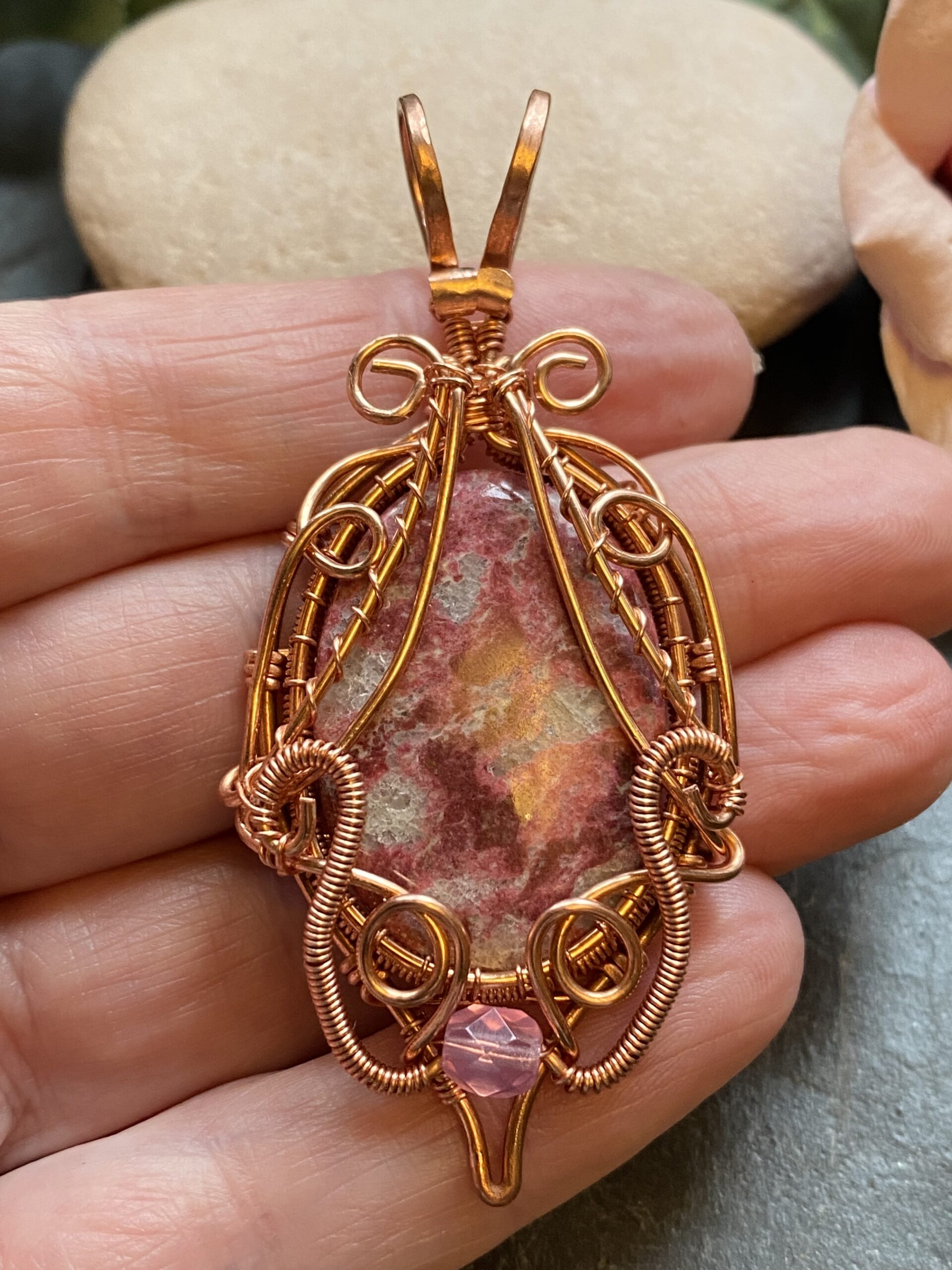 Pink Thulite copper wire wrapped pendant with oval cabochon Handmade copper wire pendant with pink Thulite stone Pink gemstone wire wrapped pendant with bead accent