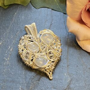 Silver filled wire heart pendant with rainbow moonstone Handmade chaos weave heart pendant with moonstone stones Silver wire heart pendant with Swarovski bicone beads
