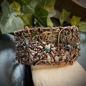 Copper flower filigree bangle with turquoise beads Handmade antiqued copper filigree bracelet Adjustable copper wire bangle with turquoise accents