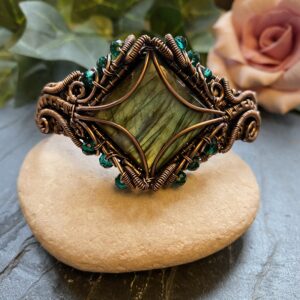 Square Labradorite copper cuff bracelet with green and blue flash