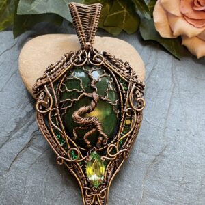 Brazilian emerald copper wire wrapped necklace with Tree of Life design Oval Brazilian emerald pendant with channel set Swarovski crystals Copper wire emerald statement necklace with vintage Swarovski gem Handwoven copper wire emerald necklace detail