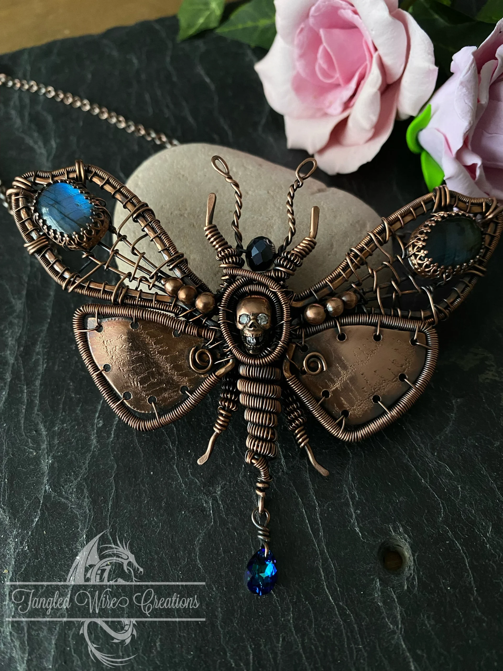 Deaths Head Moth copper bib necklace with labradorite and crystals Handcrafted copper Deaths Head Moth statement necklace Wire woven copper moth bib necklace detail Deaths Head Moth necklace with labradorite gemstone