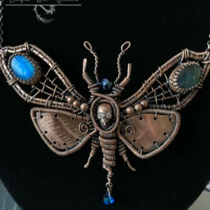 Deaths Head Moth copper bib necklace with labradorite and crystals Handcrafted copper Deaths Head Moth statement necklace Wire woven copper moth bib necklace detail Deaths Head Moth necklace with labradorite gemstone