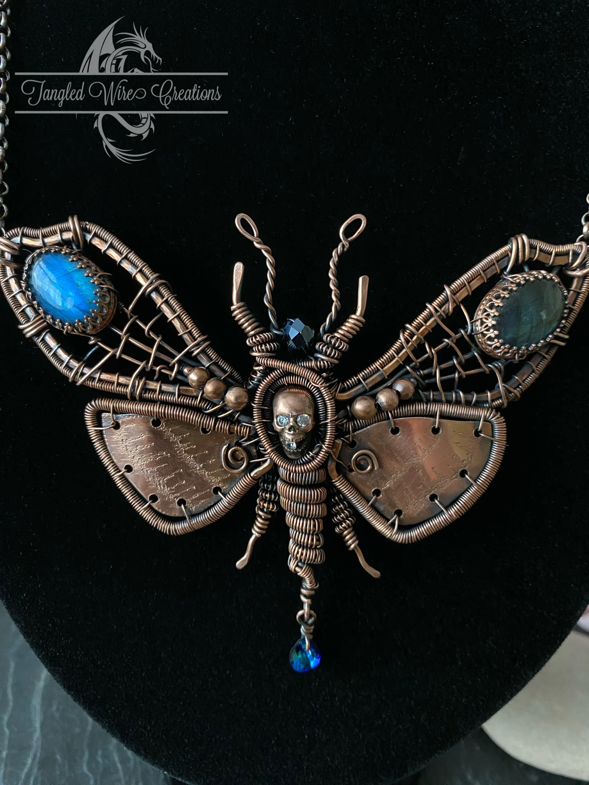 Deaths Head Moth copper bib necklace with labradorite and crystals Handcrafted copper Deaths Head Moth statement necklace Wire woven copper moth bib necklace detail Deaths Head Moth necklace with labradorite gemstone