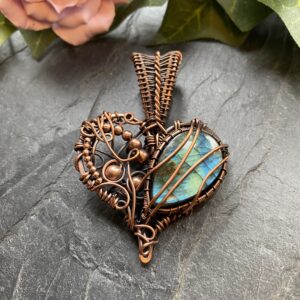 Copper wire wrapped heart pendant with teardrop labradorite in chaos weave setting on handmade copper chain
