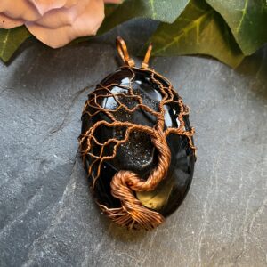 Handmade black onyx druzy tree of life pendant wrapped in copper wire with matching chain
