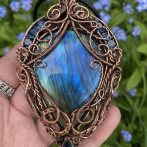 Large blue flash labradorite statement necklace in bare copper wire with vintage Swarovski crystal detail