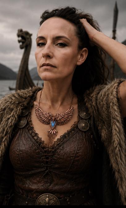 Viking Raven Necklace featuring Labradorite centre stone, black faceted beads, and intricate wire weaving inspired by Norse mythology.