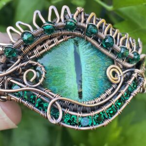 Forest Dragon copper cuff bracelet with hand painted blue green dragon eye and 11 strand woven copper design