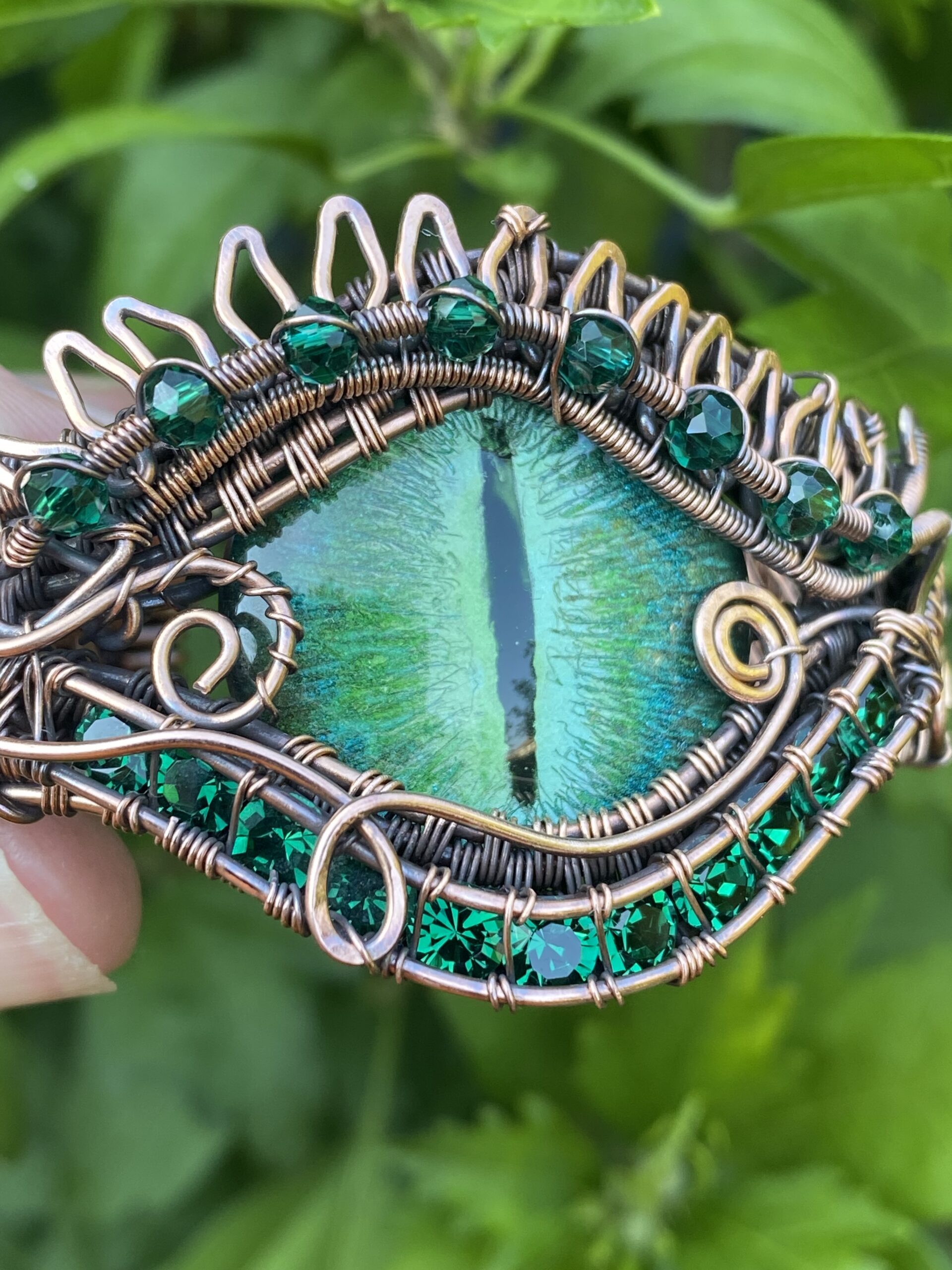 Forest Dragon copper cuff bracelet with hand painted blue green dragon eye and 11 strand woven copper design